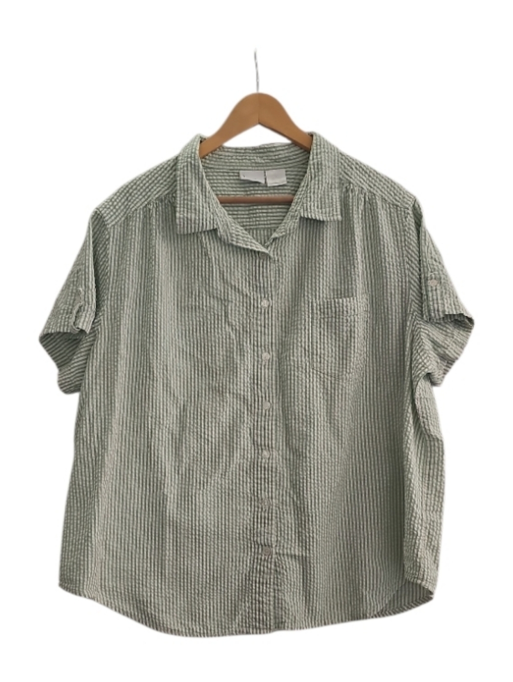 Venezia Seersucker Button Shirt Women’s 2X Green White Stripe Cotton Resortwear